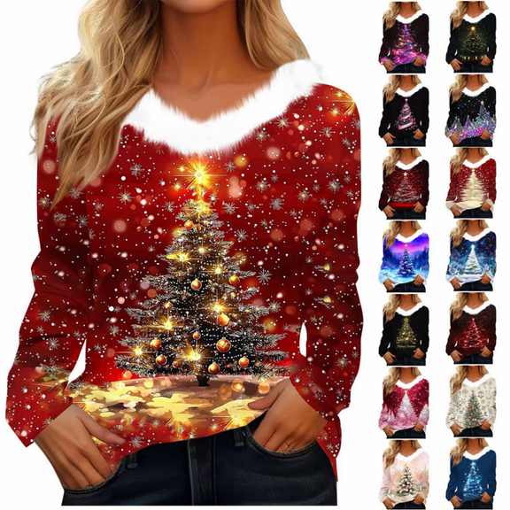 Wiicoznt Christmas Blouses for Women Dressy Casual Long Sleeve Fleece Round Neck Print Tops Warm Soft Loose Fashion Blouses for Christmas