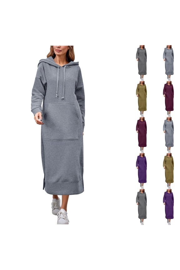 Dresses for Women Hooded Drawstring Long Sleeve Solid Color Dresses with Pockets Casual Loose Workout Sweater Dresses