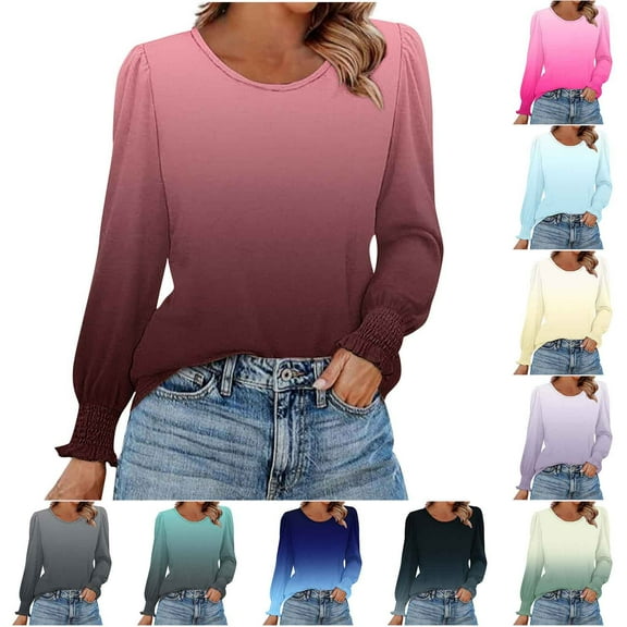 Wiicoznt Dressy Casual Blouse for Women Gradual Color Long Bell Sleeve Blouse Loose Round Neck Outdoor Tops for Holiday