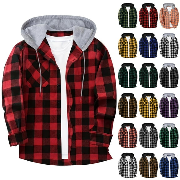 Wiicoznt Fleece Hoodies for Men Stylish Button Down Drawstring Plaid Shirts with Pockets Long Sleeve Fall Fleece Shirts S-3XL