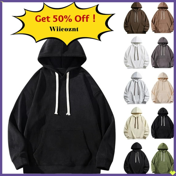 Wiicoznt Hoodies for Men Solid Color Work Out Long Sleeve Essentials Hoodie with Pockets Comfy Loose Pullover Sweatshirt