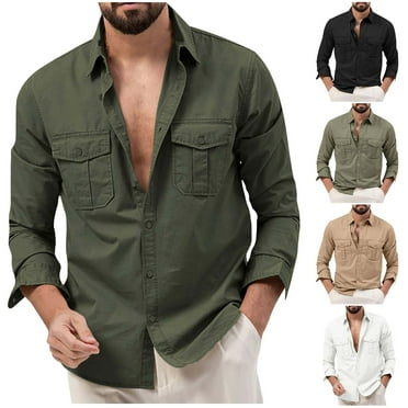 Wiicoznt Long Sleeve Shirts for Men Loose Fit Solid Color Casual V Neck Button Down Shirts Comfortable Work Out T Shirts