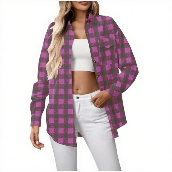 Flannel Shirt Women Plaid Print Oversized Button Down Long Sleeve Blouses with Pockets Casual Collared Flannel Shirts for Women S-2XL