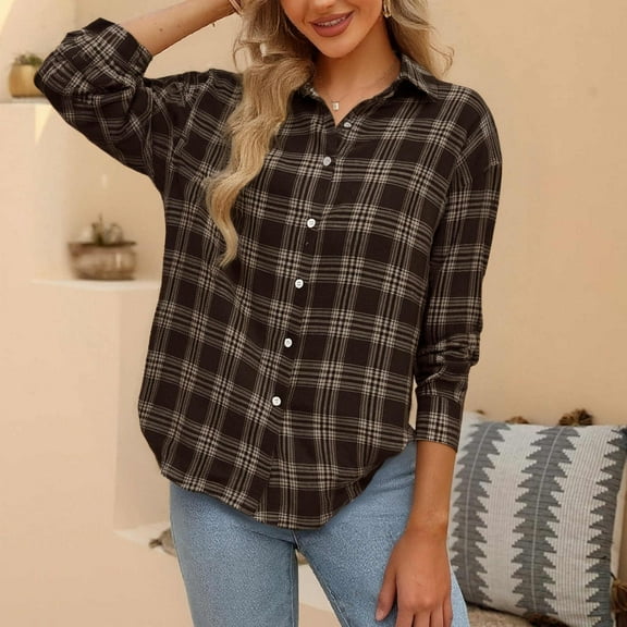 Flannel Shirt Women Plaid Print Oversized Button Down Long Sleeve Blouses with Pockets Casual Collared Flannel Shirts for Women S-2XL
