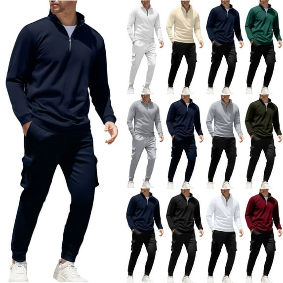Wiicoznt Men's 2 Piece Tracksuit 1/4 Zip Athletic Casual Sport Workout Jogging Sweatsuits Solid Color Outdoor Running Suit Sets with Pockets