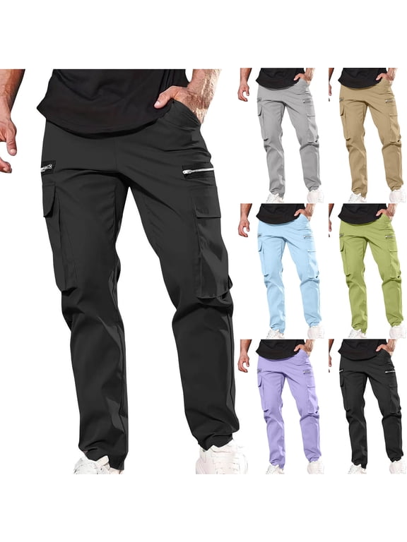 Men's Pants Loose Straight Leg Zipped Pants with Pockets Solid Color Casual Fit Trousers