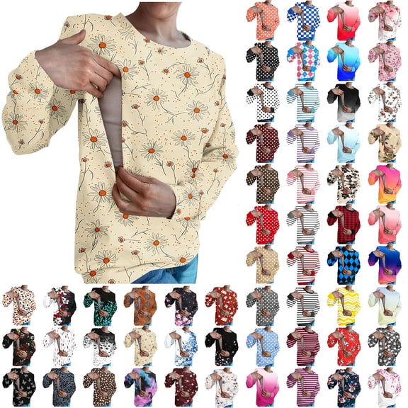 Wiicoznt Nursing Shirts for Breastfeeding Soft Long Sleeve Round Neck Floral Printed Women Blouses Soft Light Weight Breastfeeding Shirts