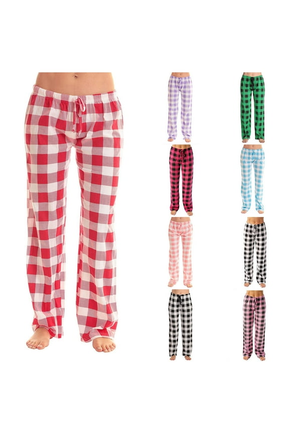 Pajama Pants for Women Checkered Print Elastic Waist Pajama Bottoms Casual Comfy Loose Sleepwear Plus Size Full Length Pants with Pockets