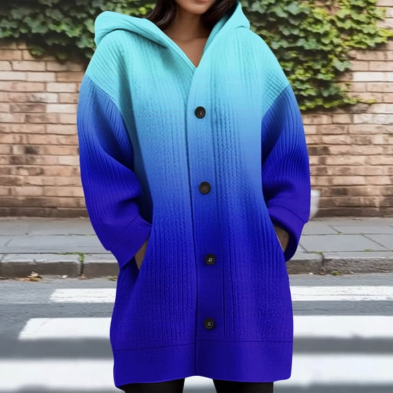 Wiicoznt Plus Size Hooded Jackets for Women Button Up Printed Long Sleeve Jackets with Pockets Fahion Casual Loose Coats for Holiday