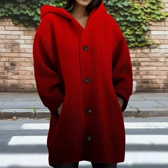 Wiicoznt Plus Size Hooded Jackets for Women Button Up Printed Long Sleeve Jackets with Pockets Fahion Casual Loose Coats for Holiday