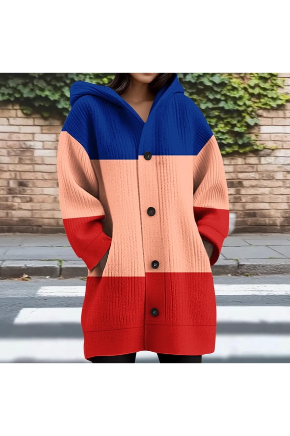 Plus Size Hooded Jackets for Women Button Up Printed Long Sleeve Jackets with Pockets Fahion Casual Loose Coats for Holiday