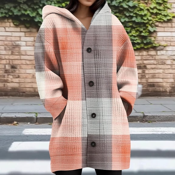 Wiicoznt Plus Size Hooded Jackets for Women Button Up Printed Long Sleeve Jackets with Pockets Fahion Casual Loose Coats for Holiday