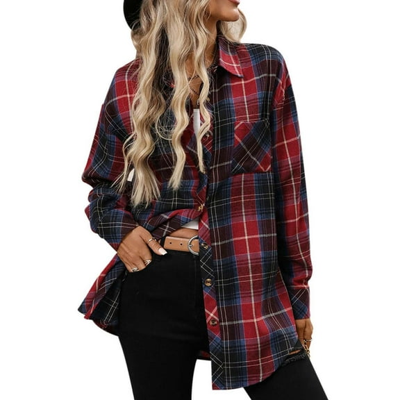 Flannel Shirt Women Plaid Print Oversized Button Down Long Sleeve Blouses with Pockets Casual Collared Flannel Shirts for Women S-2XL