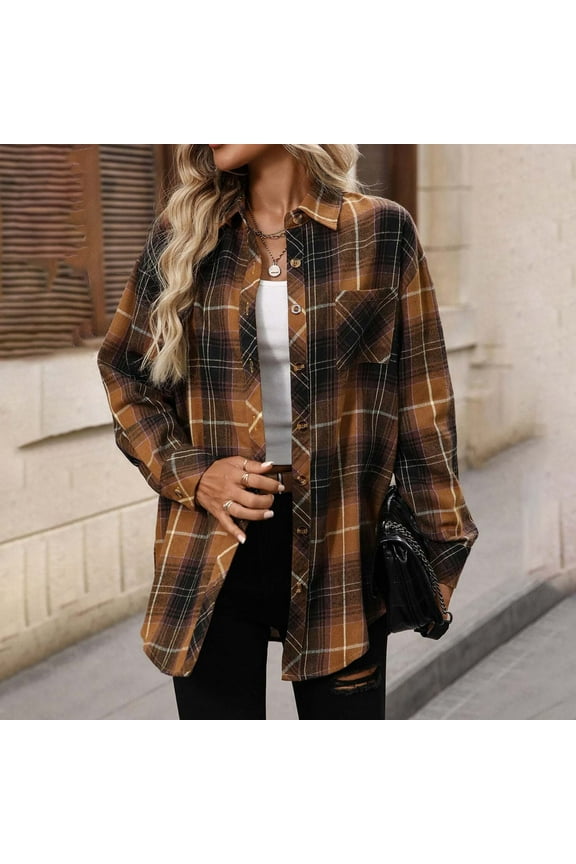 Flannel Shirt Women Plaid Print Oversized Button Down Long Sleeve Blouses with Pockets Casual Collared Flannel Shirts for Women S-2XL