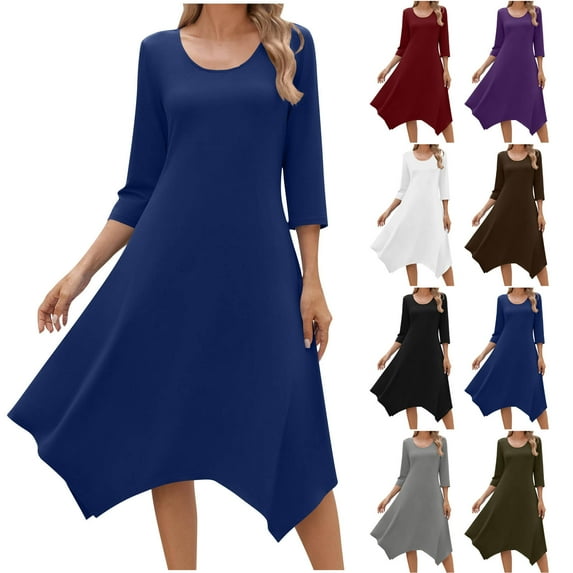 Wiicoznt Womens Dresses Maxi Solid Color Casual Loose Crew Neck Long Sleeve Dresses Flowy Wedding Guest Dress