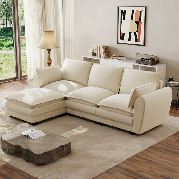 Wiilayok 103" L Shaped Sectional Sofa Comfy Cloud Couches for Living Room,Modern Chenille 4 Seat Cloud Sofa Deep Seat Modular Couch with Movable Ottoman for Apartment,Beige