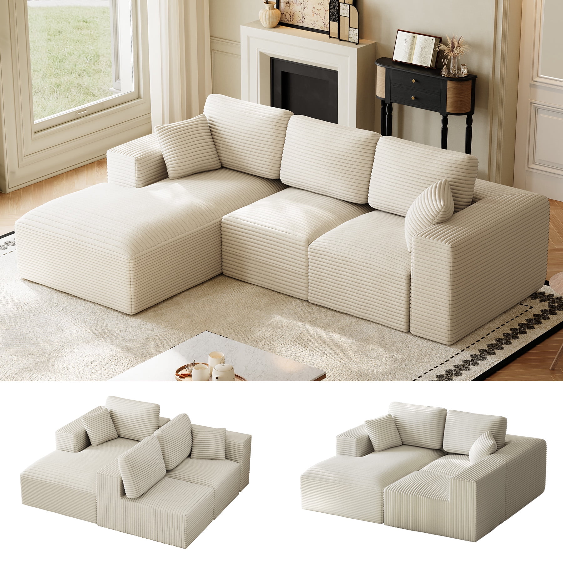 Wiilayok 109" Cloud Sectional Couch with L-Shape Chaise,Modern Modular Sofa with Deep Seat, Comfy Boneless Upholstered Couches for Living Room Bedroom,Beige White