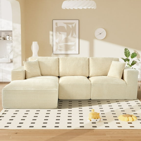 Wiilayok 108" Cloud Sectional Couch with L-Shape Chaise,Modern Modular Sofa with Deep Seat, Comfy Boneless Upholstered Couches for Living Room Bedroom,Beige White (Plush Corduroy Fabric)