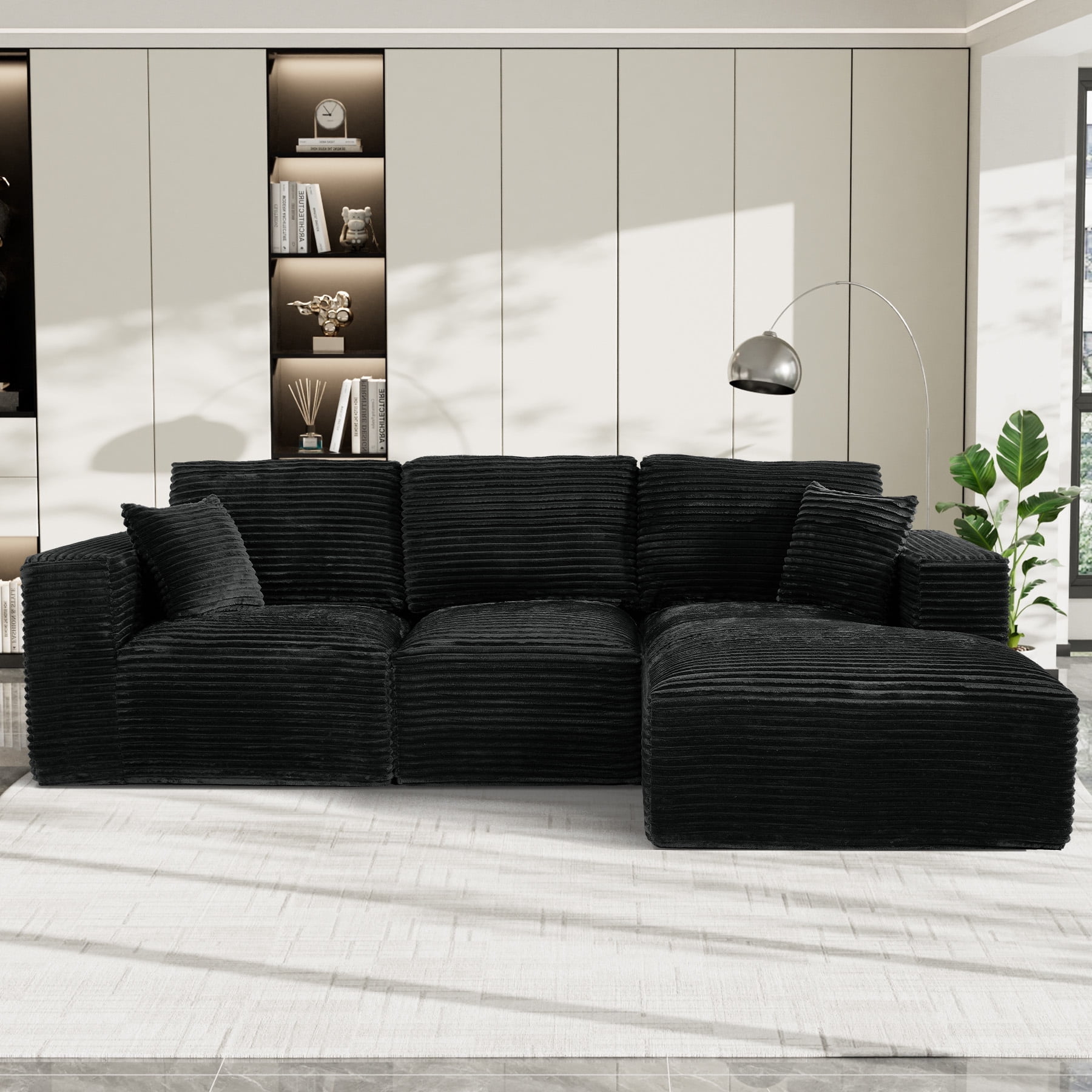 Wiilayok 108" Cloud Sectional Couch with L-Shape Chaise,Modern Modular Sofa with Deep Seat, Comfy Boneless Upholstered Couches for Living Room Bedroom,Black (Plush Corduroy Fabric)