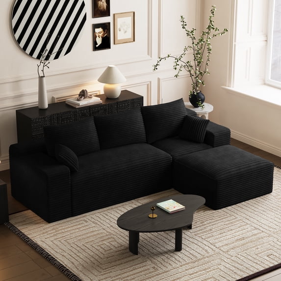 Wilayok 108" Oversized L-Shaped Sectional Sofa, Fluffy Corduroy Cloud Couch with Ottoman, Plush Memory Foam Boneless Modular Sectional Couch for Living Room Small Space, Black