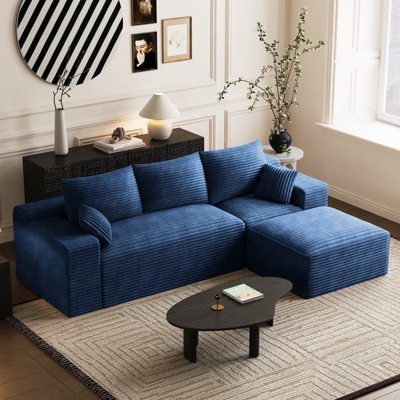 Wilayok 108" Oversized L-Shaped Sectional Sofa, Fluffy Corduroy Cloud Couch with Ottoman, Plush Memory Foam Boneless Modular Sectional Couch for Living Room Small Space, Blue