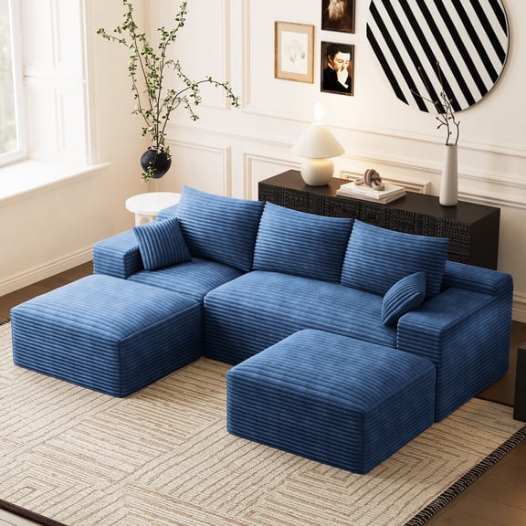 Wilayok 108" Oversized L-Shaped Sectional Sofa, Fluffy Corduroy Cloud Couch with 2 Ottomans, Plush Memory Foam Boneless Modular Sectional Couch for Living Room Small Space, Blue