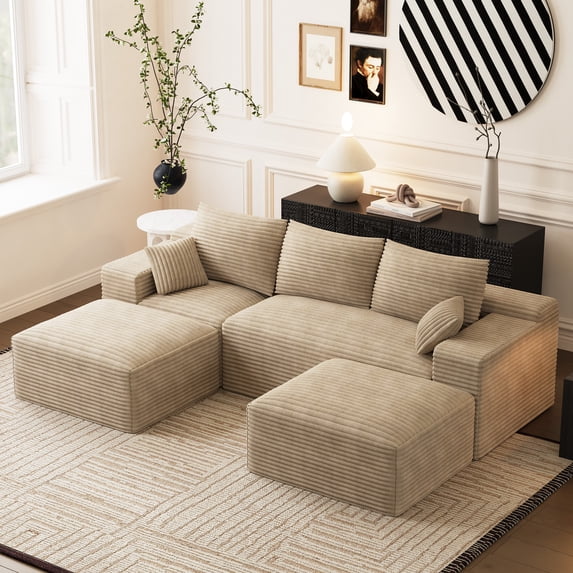 Wilayok 108" Oversized L-Shaped Sectional Sofa, Fluffy Corduroy Cloud Couch with 2 Ottomans, Plush Memory Foam Boneless Modular Sectional Couch for Living Room Small Space, Light Brown