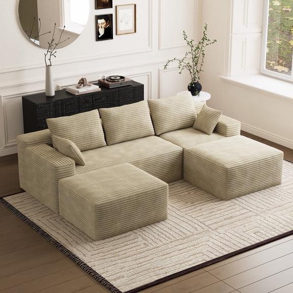 Wiilayok 108" Oversized Modular Sectional Sofa with 2 Movable Ottomans, U-Shaped Deep Seat Boneless Corduroy Cloud Couch for Living Room, No Assembly, Light Brown