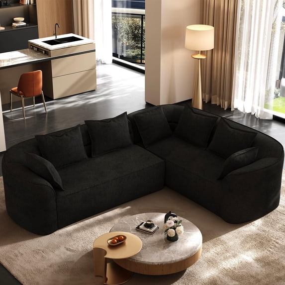 Wiilayok 110"Chenille Cloud Modular Sofa, L Curved Shaped Sectional Sofa Couch,4 Seater Deep Seat Sofa with Chaise and Pillows for Living Room Apartment, Black