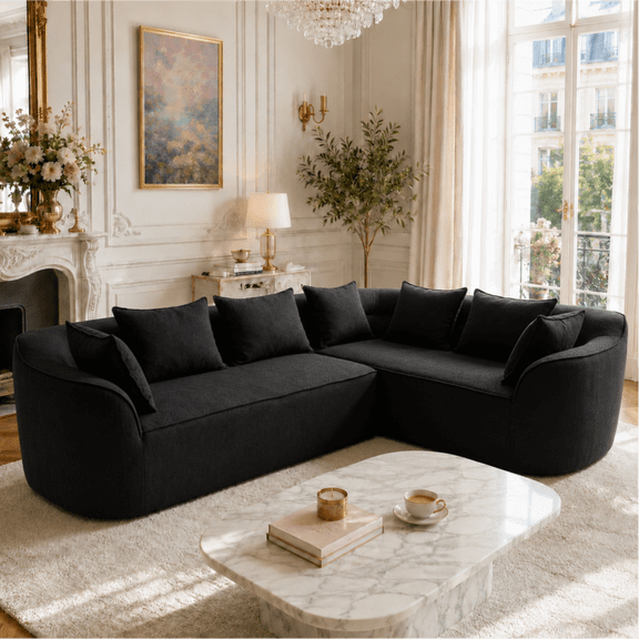 Wiilayok 110"Chenille Cloud Modular Sofa, L Curved Shaped Sectional Sofa Couch,4 Seater Deep Seat Sofa with Chaise and Pillows for Living Room Apartment, Black