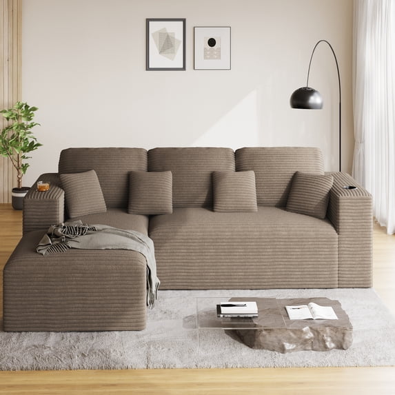 Wiilayok 110" L-Shape Cloud Sectional Couch with Oversized Chaise,Modern Modular Sofa with Cup Holder and Side Pouch,Comfy Boneless Upholstered Couches for Living Room,Light Brown