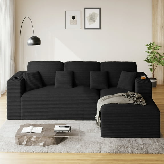 Wiilayok 110" L-Shape Cloud Sectional Couch with Oversized Chaise,Modern Modular Sofa with Cup Holder and Side Pouch,Comfy Boneless Upholstered Couches for Living Room,Black