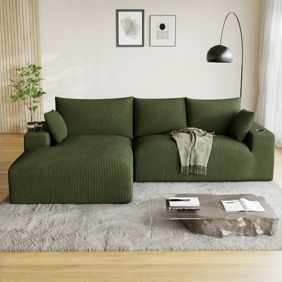 Wiilayok 113" L-Shape Cloud Sectional Couch with Oversized Chaise,Corduroy Fabric Modern Modular Sofa with Cup Holder, Comfy Boneless Upholstered Couches for Living Room Bedroom,Olive Green