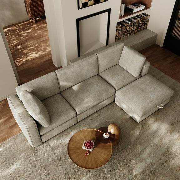 Wiilayok 114" Modular Sectional Sofa with Storage Ottoman, Comfy 4-Seat Chenille Deep Seat Couch for Living Room, Bedroom and Apartment, Light Brown & Beige Options