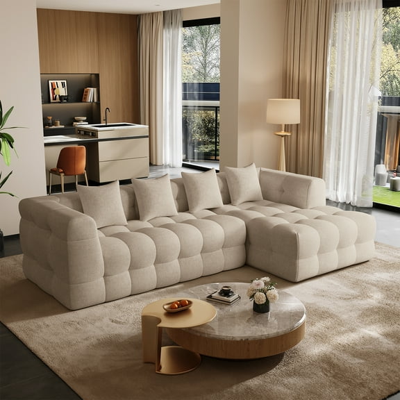 Wiilayok 120" Boneless-Couch L-Shaped Sofa for Living Room, Cloud Couch with Chaise Lounge, 2 - Piece Sectional Upholstered Chenille Deep Seat Couches with 4 Pillows, No Assembly Required,Light Brown