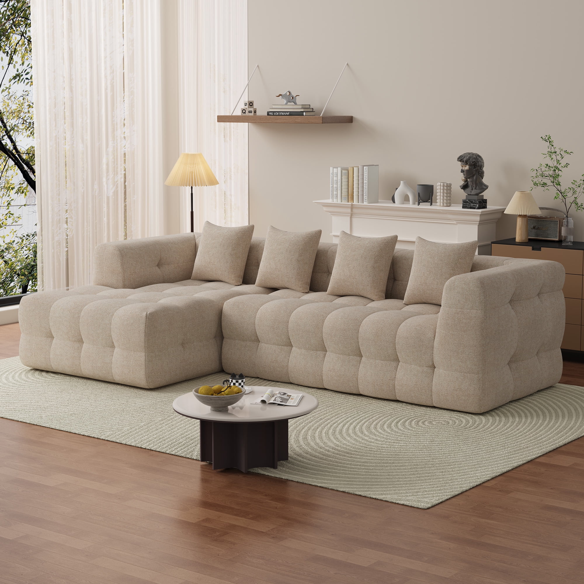 Wiilayok 120" Boneless Oversized Cloud Couch, Left Facing L-Shaped Chenille Sectional Sofa with Chaise Lounge, Deep Seat Upholstered Living Room Sofa with 4 Pillows, No Assembly, Light Brown