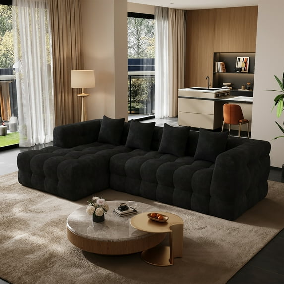 Wiilayok 120" Boneless-Couch L-Shaped Sofa for Living Room, Cloud Couch with Chaise Lounge, 2 - Piece Sectional Upholstered Chenille Deep Seat Couches with 4 Pillows, No Assembly Required, Black