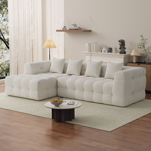 Wiilayok 120" Boneless Oversized Cloud Couch, Left Facing L-Shaped Chenille Sectional Sofa with Chaise Lounge, Deep Seat Upholstered Living Room Sofa with 4 Pillows, No Assembly, Beige