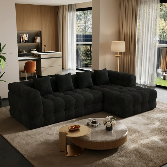 Wiilayok 120" Boneless-Couch L-Shaped Sofa for Living Room, Cloud Couch with Chaise Lounge, 2 - Piece Sectional Upholstered Chenille Deep Seat Couches with 4 Pillows, No Assembly Required, Black