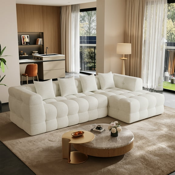 Wiilayok 120" Boneless-Couch L-Shaped Sofa for Living Room, Cloud Couch with Chaise Lounge, 2 - Piece Sectional Upholstered Chenille Deep Seat Couches with 4 Pillows, No Assembly Required, Beige