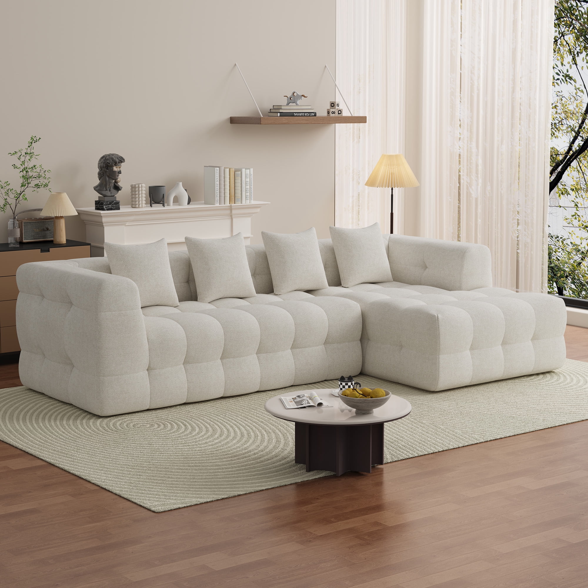 Wiilayok 120" Boneless Oversized Cloud Couch, Right Facing L-Shaped Chenille Sectional Sofa with Chaise Lounge, Deep Seat Upholstered Living Room Sofa with 4 Pillows, No Assembly, Beige