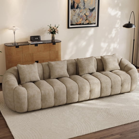 Wiilayok 124" Cloud 4 Seater Couch,Chenille Large Curved Sofa Couch with Deep Seat,Recessed Arm,for Living Room Furniture Sofa,Brown