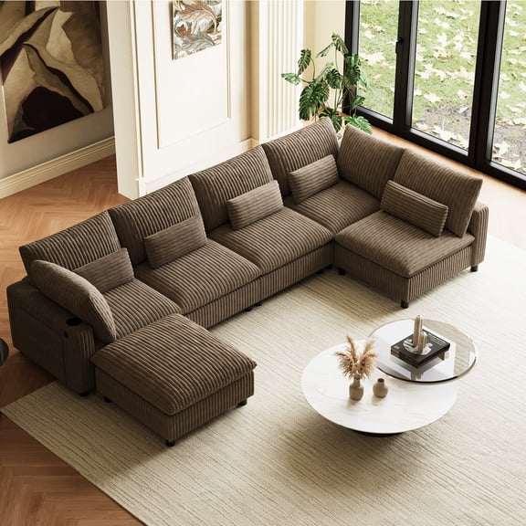 Willayok 130" U-Shaped Modular Sectional Sofa, 6-Seat Cloud Couch with Ottoman, Fluffy Corduroy Upholstery, USB Charging Port, Cup Holders & Storage Pockets, Light Brown