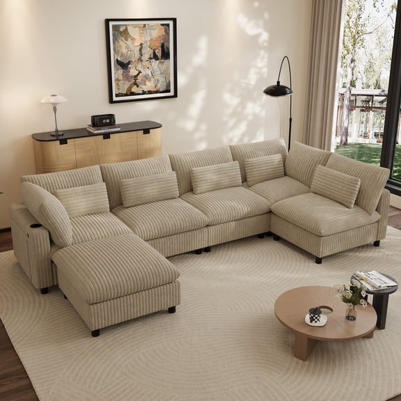 Wiilayok 130" Corduroy U-Shaped Modular Sectional Sofa 6-Seat Cloud Fluffy Couch Set for Living Room with Ottoman, USB Port, Cup Holder, Storage, Camel