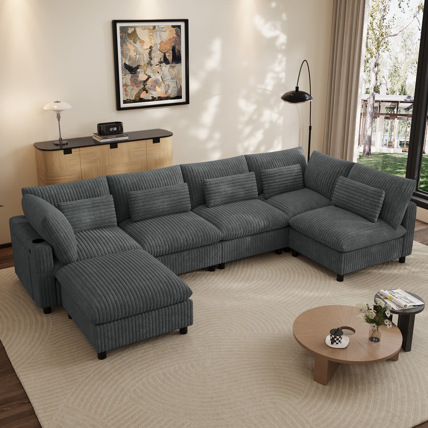 Wiilayok 130" Corduroy U-Shaped Modular Sectional Sofa 6-Seat Cloud ...