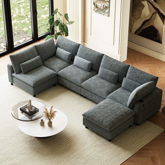 Wiilayok 130" Oversized U Shape Cloud Couch,Large Sectional Sofa,Deep Modular Sofa Set for Living Room,Fluffy Plush Corduroy 6 Seat Sectional with Ottoman,USB Port,Cup Holder,Storage Pocket,Dark Grey