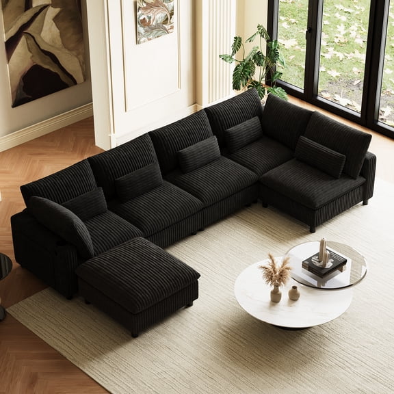 Wiilayok 130" U Shaped Cloud Couch Modular Sectional Couches for Living Room Fluffy Corduroy 6 Seat with Ottoman, USB Port, Cup Holders, Storage Side Pockets, Black