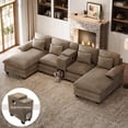 thumbnail image 1 of Wiilayok 130" U Shaped Chenille Sectional Sofa with Double Chaise,Multi-Functional Pet House Console, Cup Holders, Deep Seats, High Back Couch for Living Room, Light Brown, 1 of 10