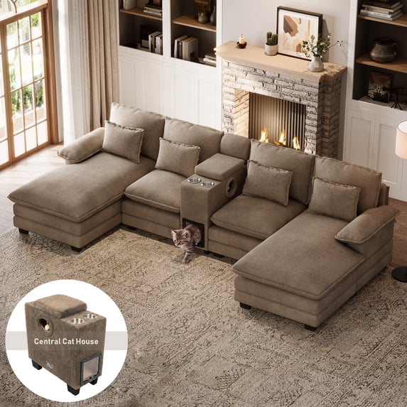 Wiilayok 130" U Shaped Chenille Sectional Sofa with Double Chaise,Multi-Functional Pet House Console, Cup Holders, Deep Seats, High Back Couch for Living Room, Light Brown