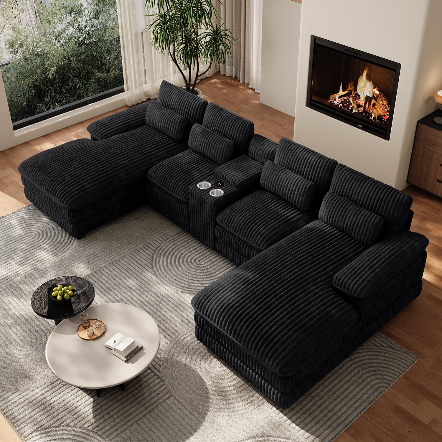 Wiilayok 133" U Shaped Cloud Couch Modular Sectional Couches for Living Room Comfy Corduroy Deep Seat Sofa Set with Double Chaise Lounge, Storage Central Console, Cup Holders, USB Port, Black